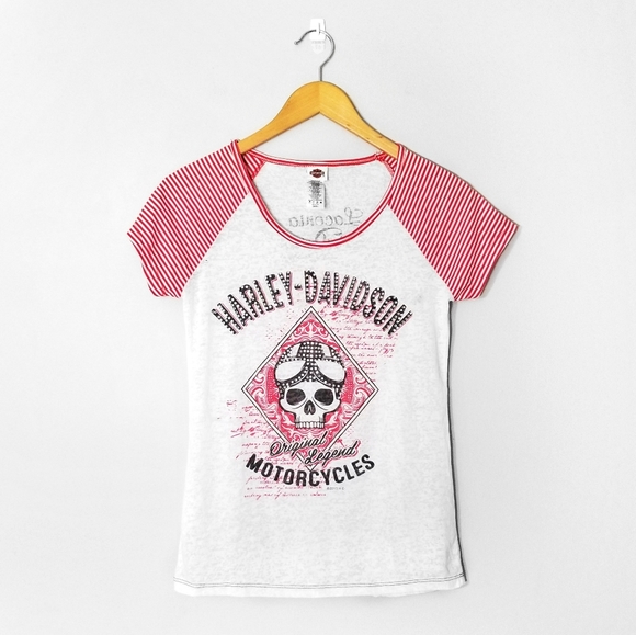 HARLEY DAVIDSON Red White Skull Baseball Tee